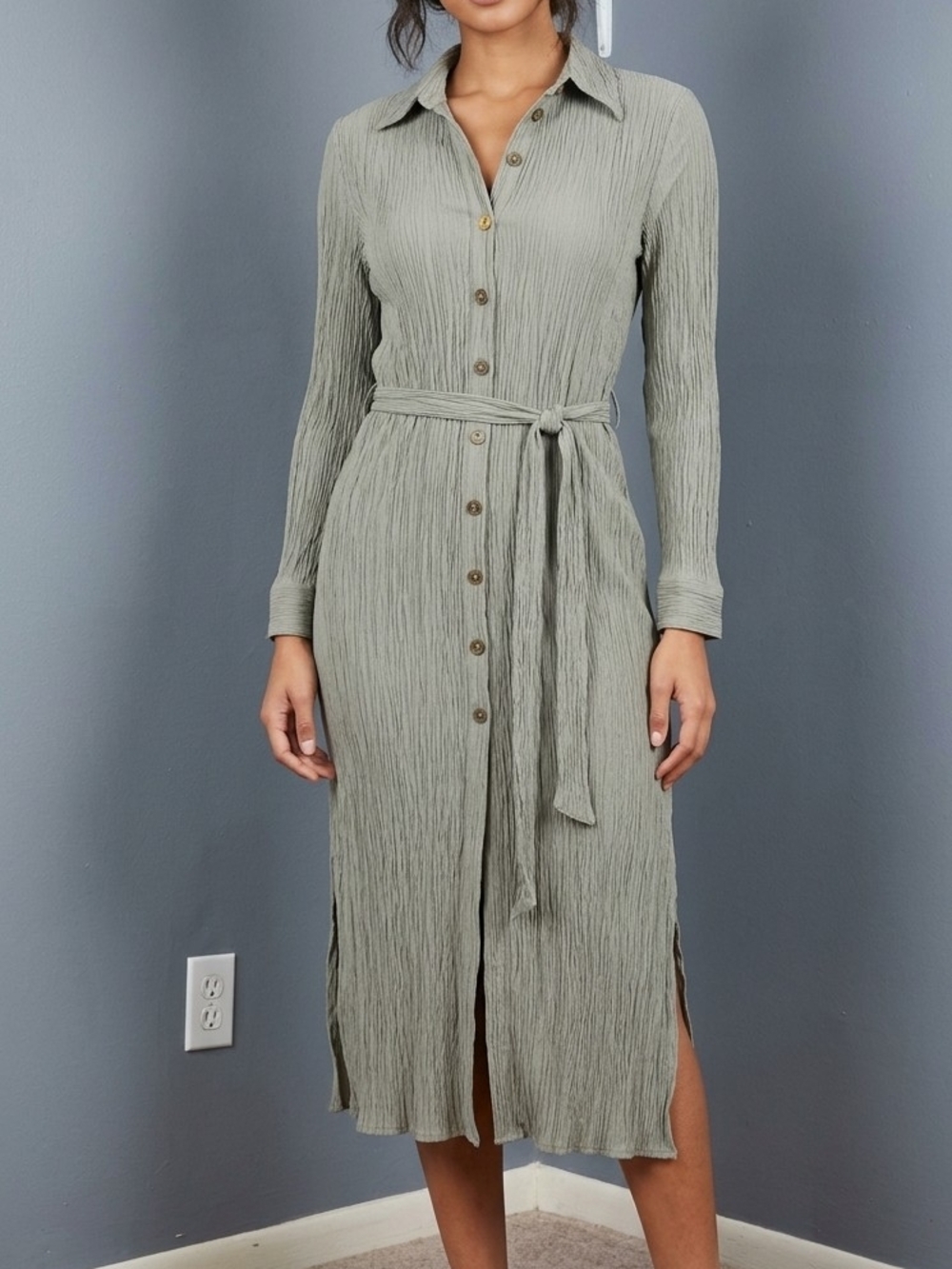 Zara Olive Green Crinkle Button-Front Midi Shirt Dress